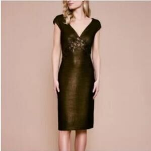 Tadashi Shoji‎ Chim Metallic Pintuck Women's S Knee Length Brown Cocktail Dress